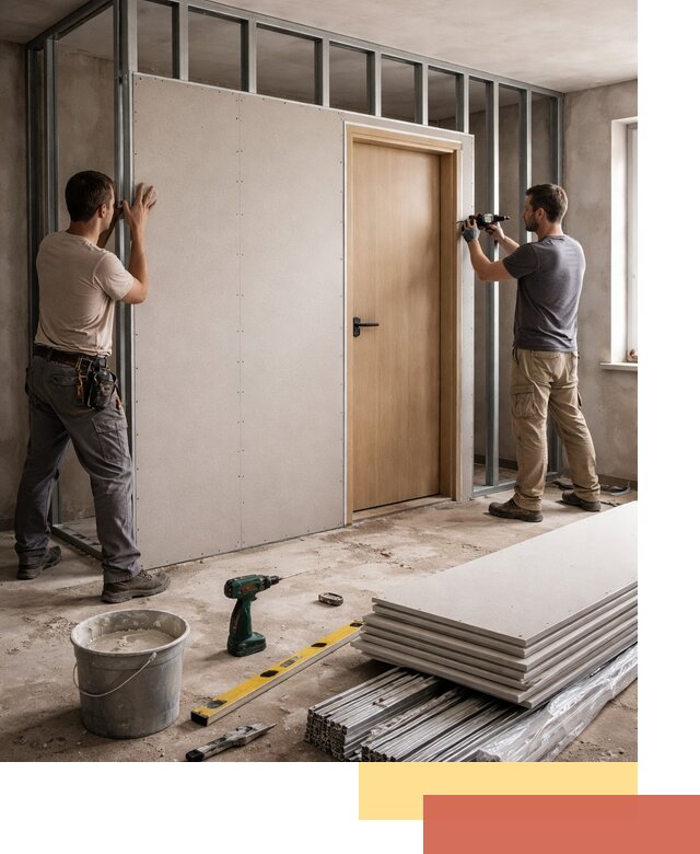 Перегородка из гипсокартона с дверью под ключ в Мытищах