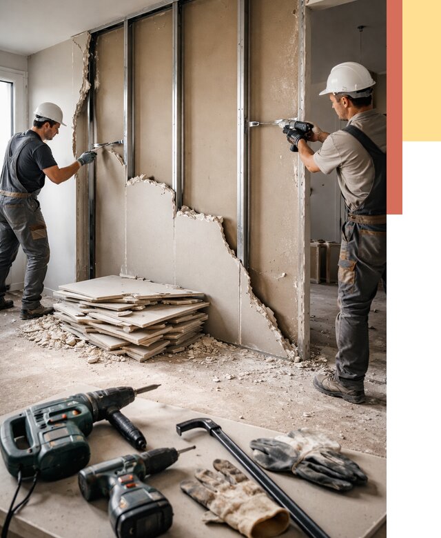 Демонтаж перегородки из гипсокартона в Мытищах от 1219 руб. быстро и недорого | ОТДЕЛОЧНИК-Мтщ