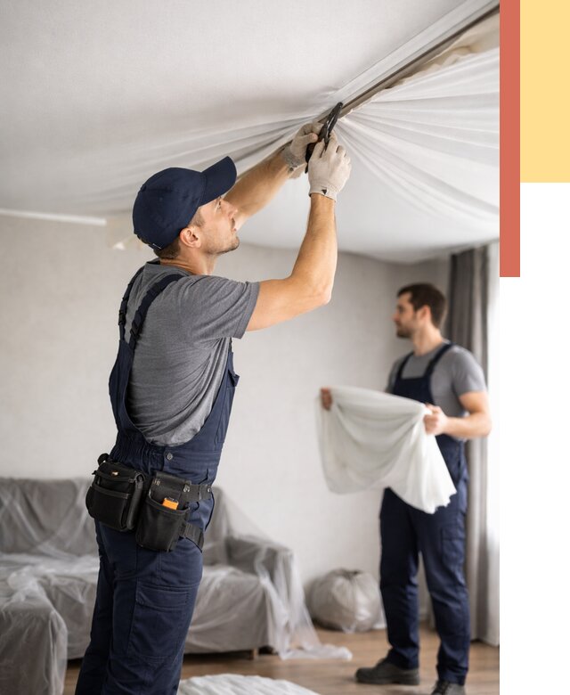 Демонтаж натяжного потолка в Мытищах от 4570 руб. — снятие и разбор под ключ | ОТДЕЛОЧНИК-Мтщ