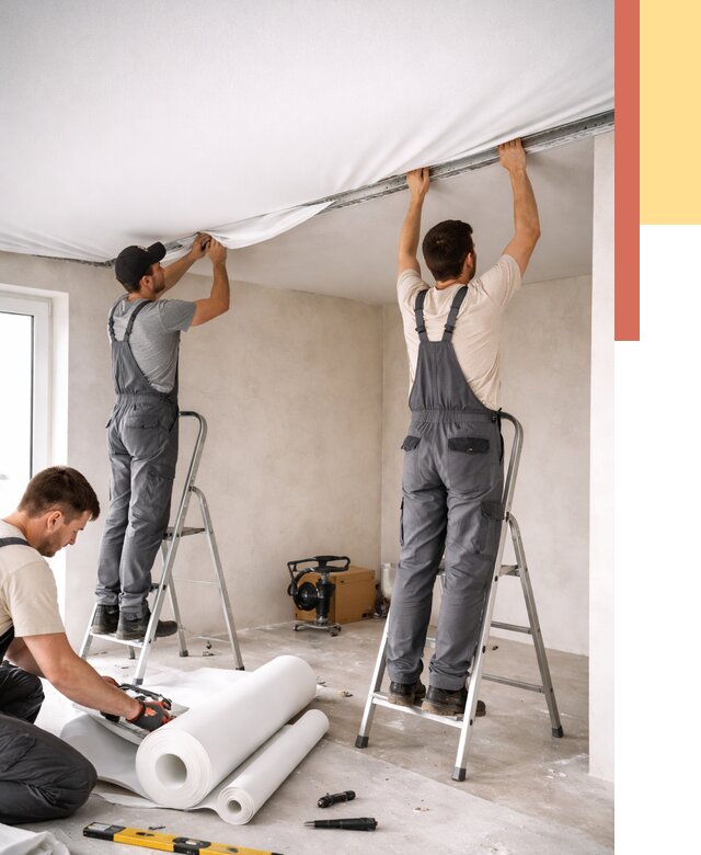 Монтаж тканевого натяжного потолка в Мытищах от 3554 руб. под ключ | ОТДЕЛОЧНИК-Мтщ