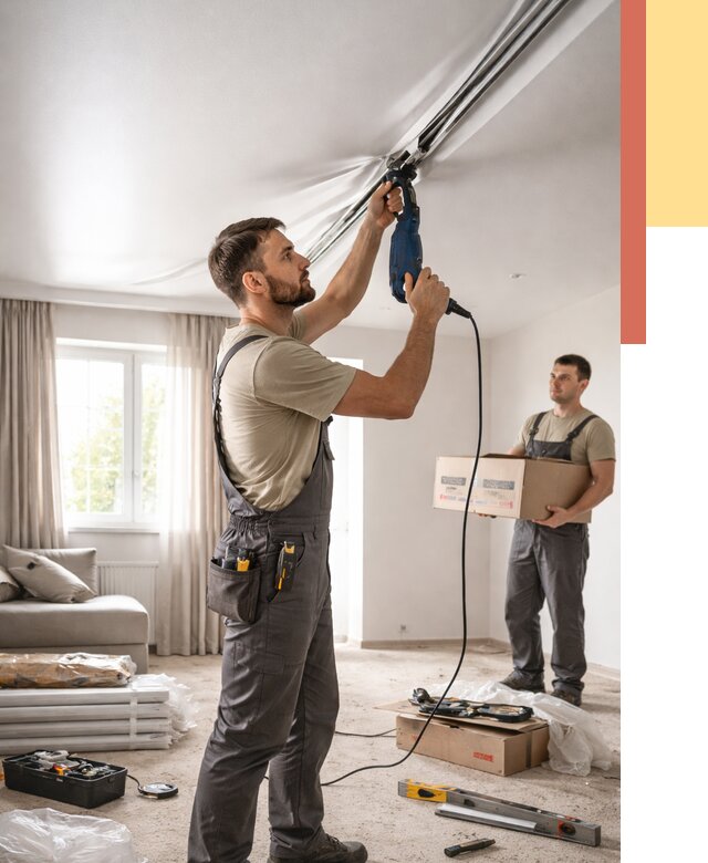 Монтаж сатинового натяжного потолка в Мытищах от 3554 руб. | Быстро, недорого — ОТДЕЛОЧНИК-Мтщ