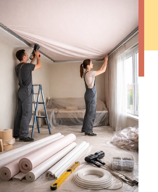 Монтаж цветного натяжного потолка в Мытищах от 4265 руб/м² — быстро и недорого | ОТДЕЛОЧНИК-Мтщ