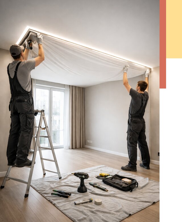 Монтаж парящего натяжного потолка в Мытищах от 4570 руб. быстро и недорого | ОТДЕЛОЧНИК-Мтщ