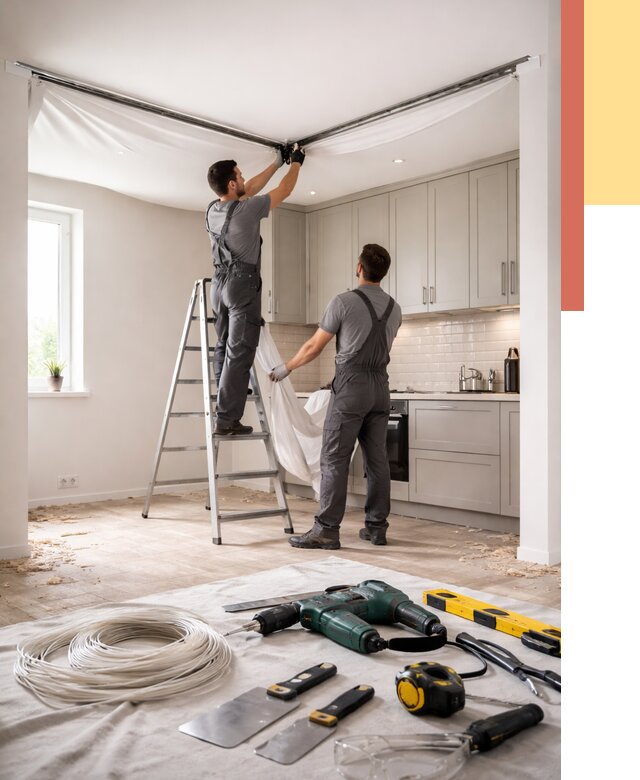 Установка натяжного потолка на кухне в Мытищах от 2437 руб. | ОТДЕЛОЧНИК-Мтщ