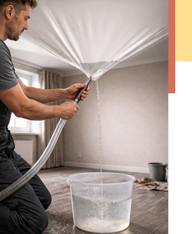 Слив воды с натяжного потолка в Мытищах от 2539 руб. быстро и недорого | ОТДЕЛОЧНИК-Мтщ