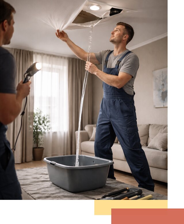 Слив воды с натяжного потолка в Мытищах быстро и аккуратно