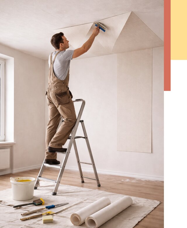 Поклейка обоев на потолок в Мытищах от 4570 руб. быстро и недорого | ОТДЕЛОЧНИК-Мтщ